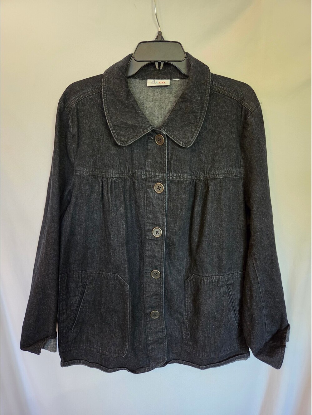 d&co Denim + Company Womens Black Denim Jacket Button Front Oversized Pockets